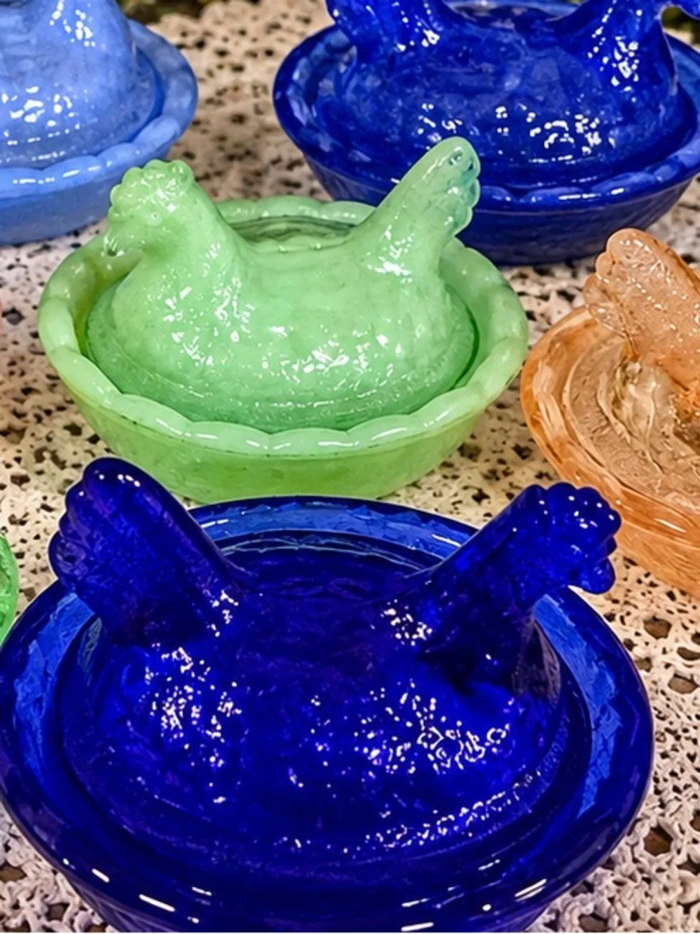 Set of 7 Reproduction Glass Hen on Nest Covered Dishes – Assorted Colors